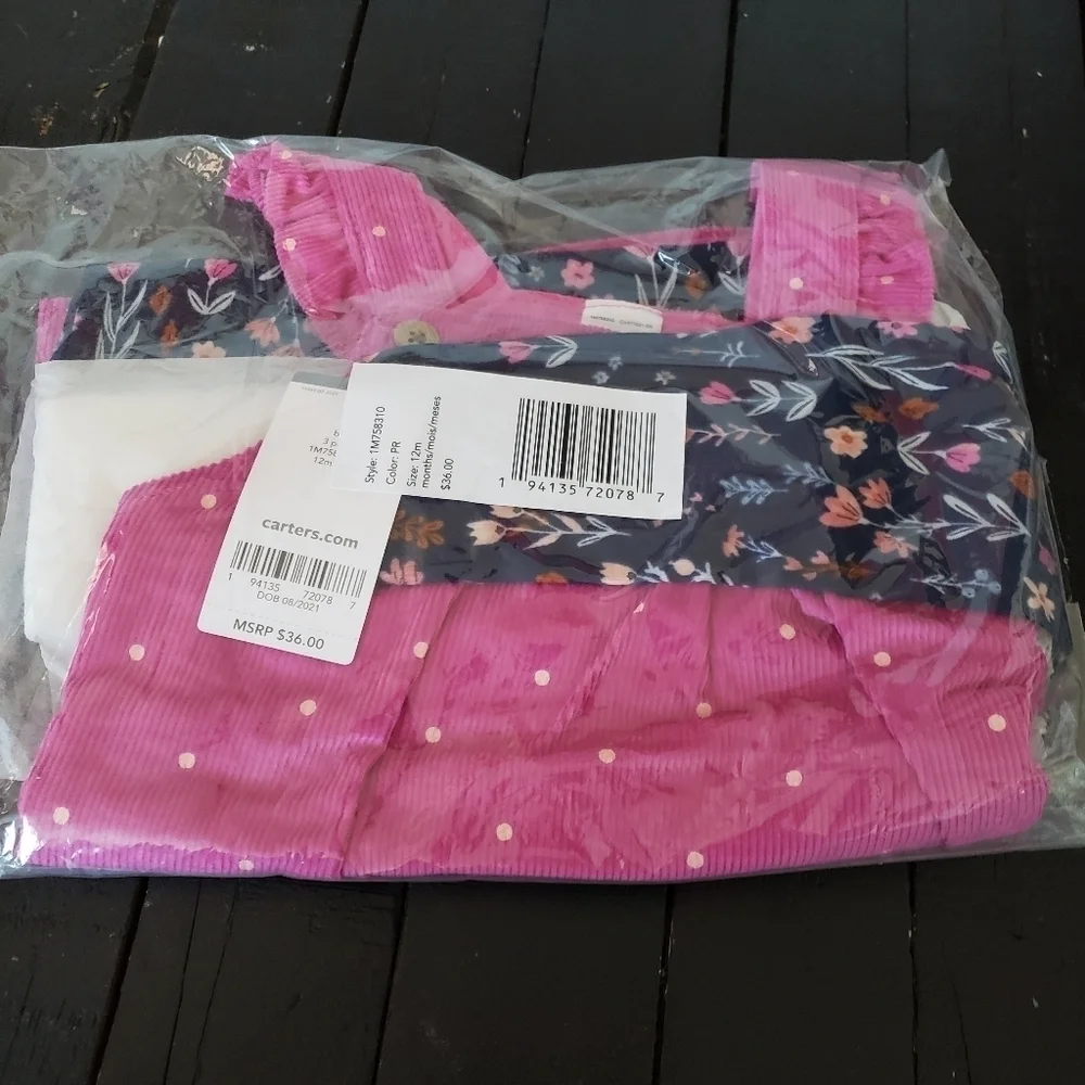 Carter's NWT Baby Girl 12 Months Three Piece Set Corduroy Dress Long Sleeve Sock